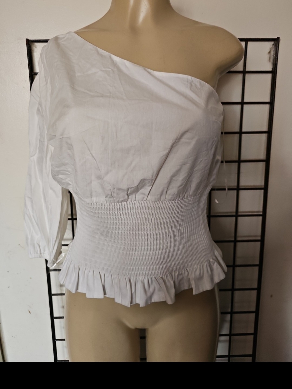 INC International Concepts White One-Shoulder Smocked Peplum Top